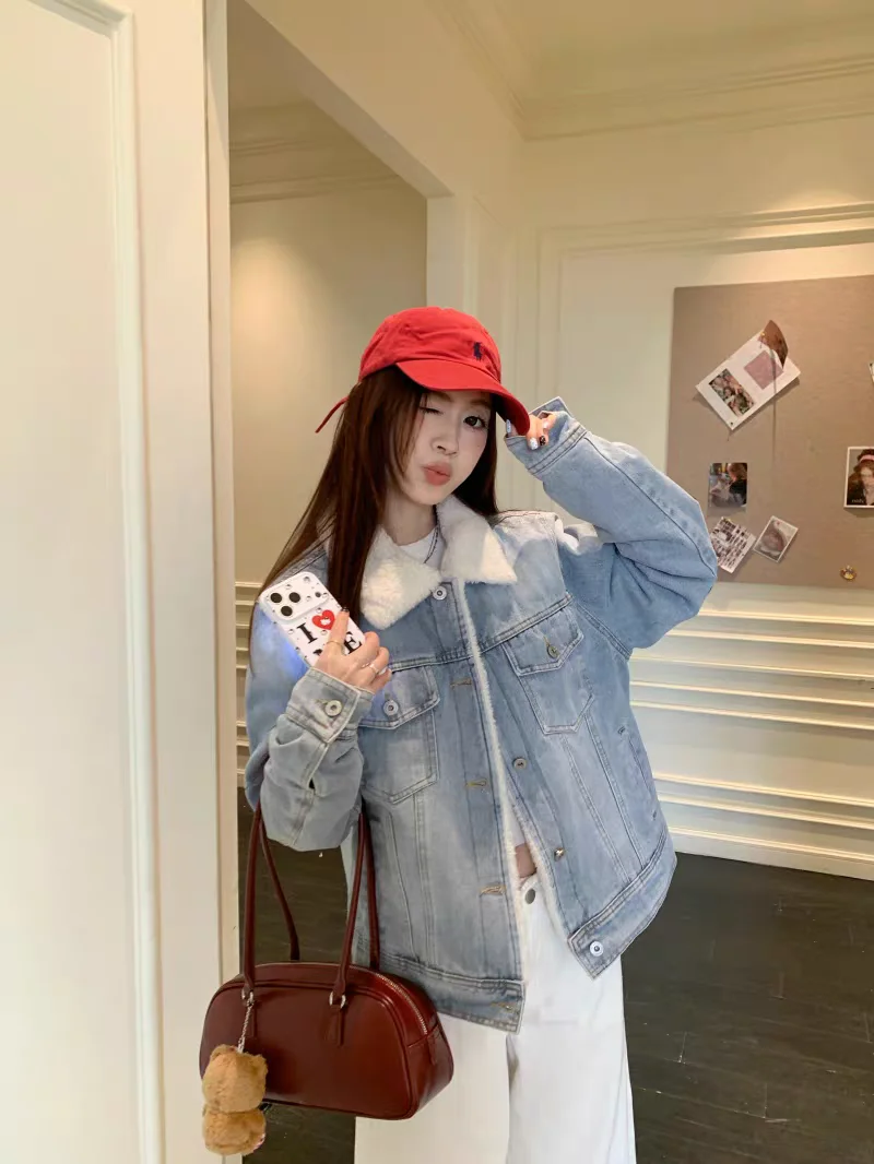 

Джинсовые пальто женские большие меховые плюшевые женские зимние приталенные элегантные консервативные стильные городские светские дышащие стеганые пояса на пуговицах