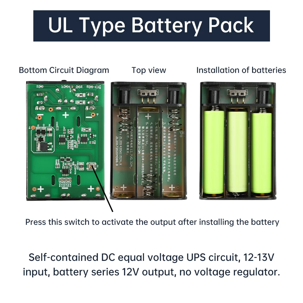 DC 12V Rechargeable Equal Voltage UPS Battery Pack 3pcs 18650 Battery No Soldering DIY UPS Shell Kit with Protector DC Holder