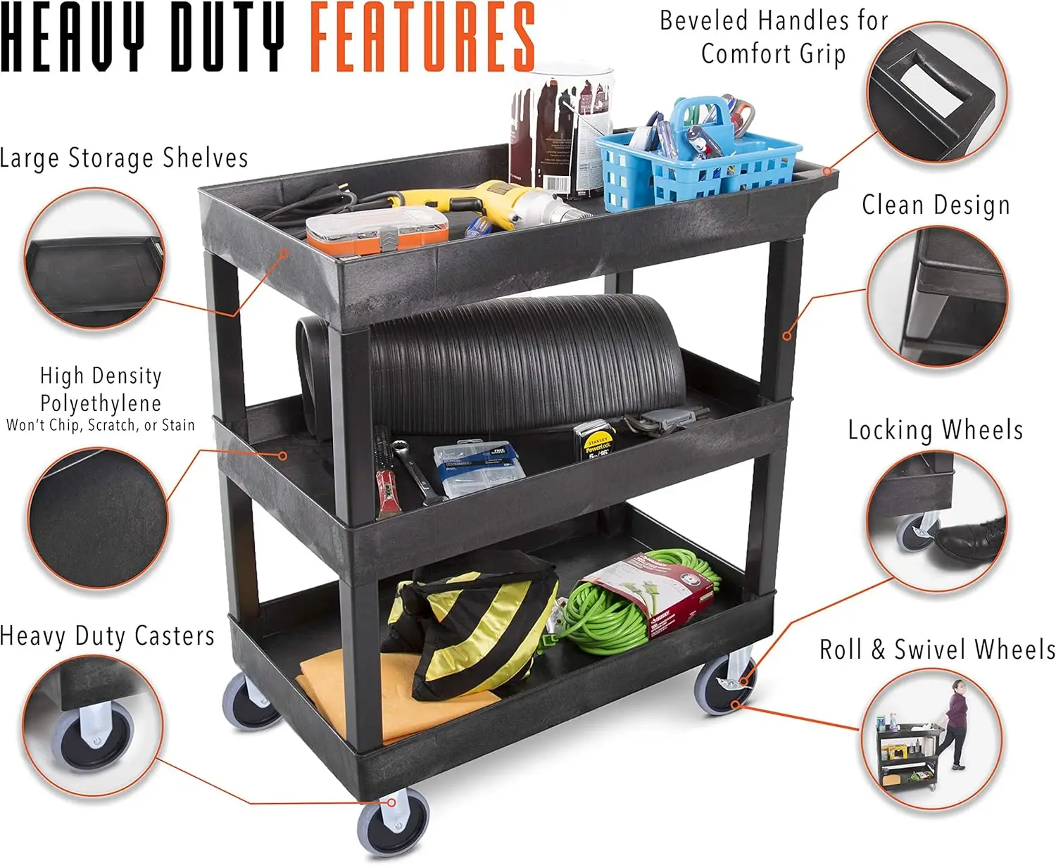 Cart Supports Up to 375 lbs - Heavy-Duty Plastic Service Push Cart with Deep Shelves and