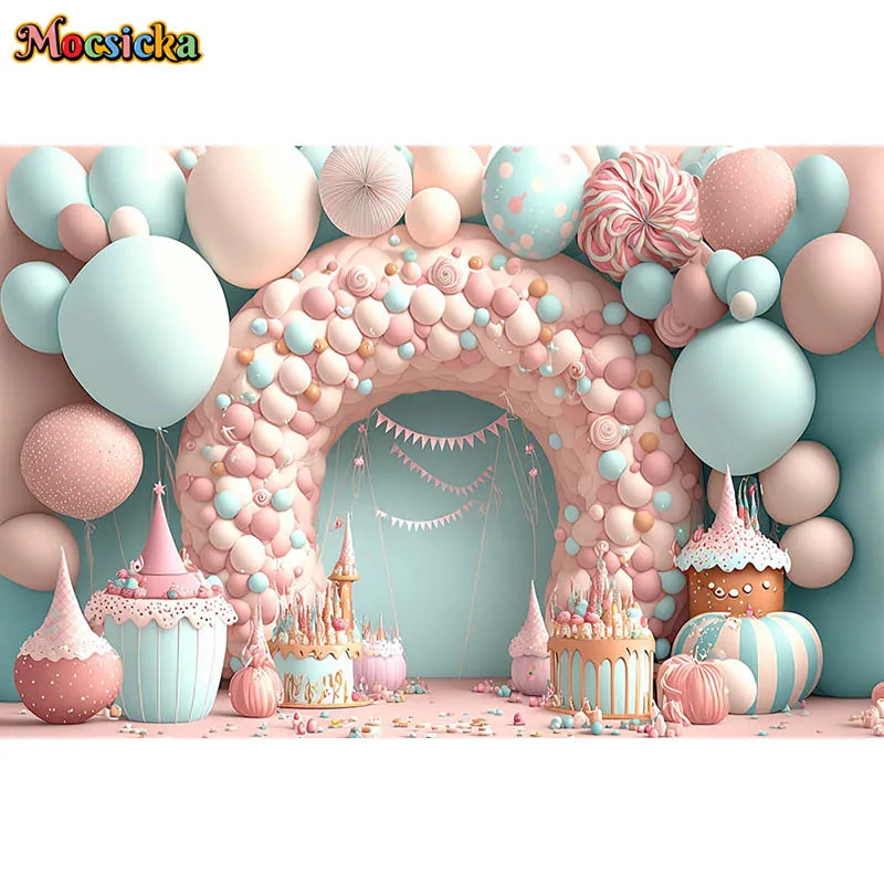 خلفية التصوير الفوتوغرافي الحلوى الوردية بالون كعكة القلعة استحمام الطفل فتاة 1st حفلة عيد ميلاد كعكة سحق خلفية استوديو الصور