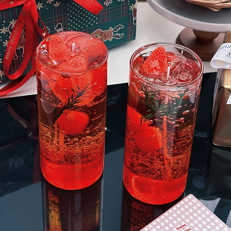 Handmade Red Glass Wax Scented Candle. Fruit Bubbles Strawberry Jelly Wax. Simulation Shaped Scented Candle
