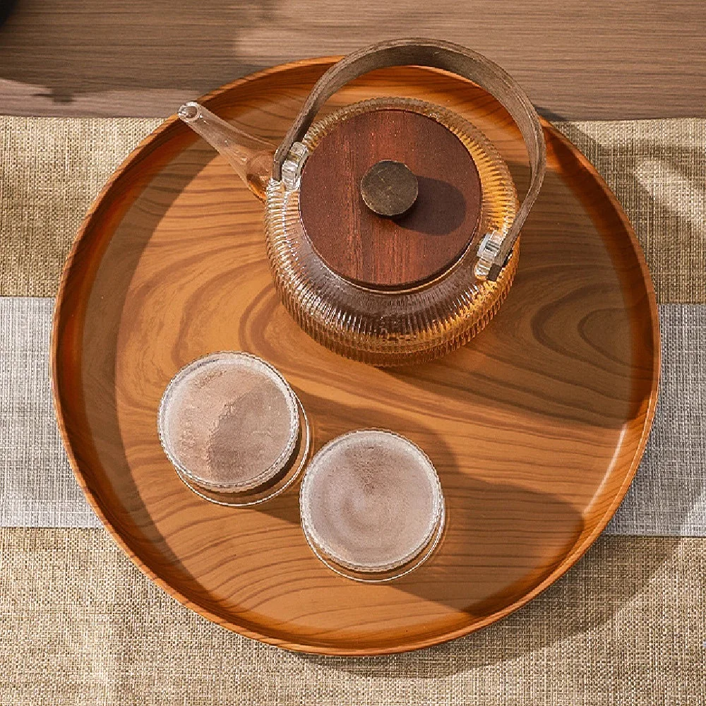 Multi Size Round Imitation Wood Plastic Serving Tray Hand‑Made Wood‑Grain Decor Platter For Drinks Snacks Home Cafe Table