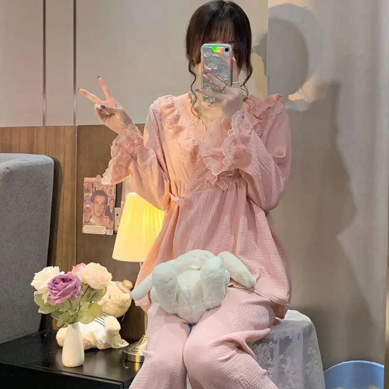 Pajama Sets Women Autumn New Sweet Lace Designed Princess Simple Long Sleeve Sleepwear Chic Korean Style Female Leisure Comfort