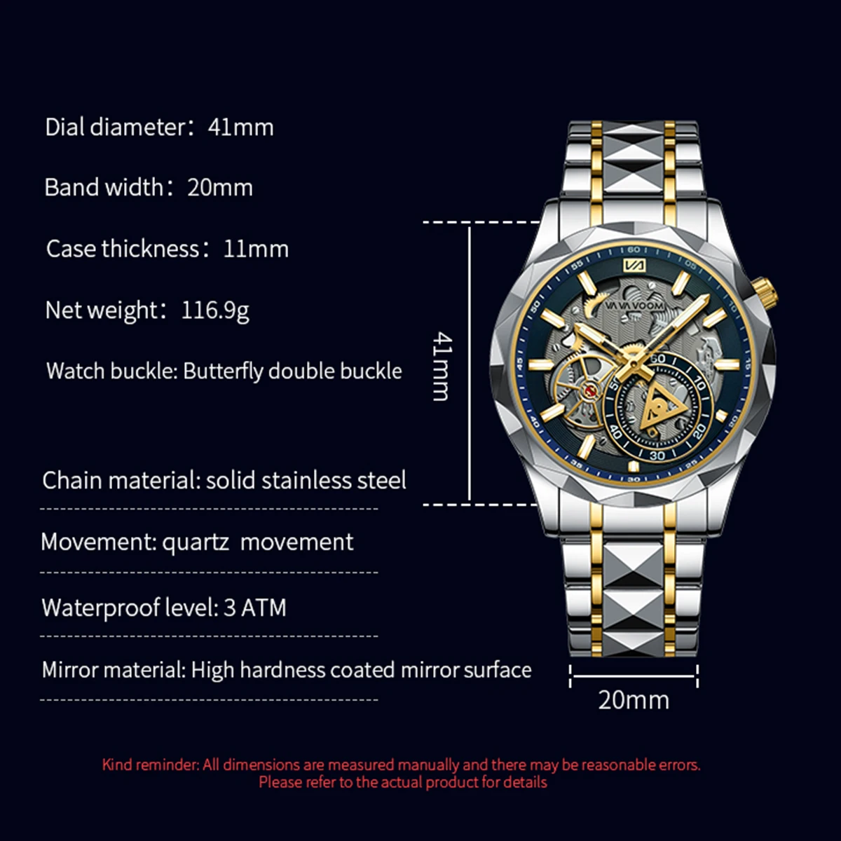 VA VA VOOM Stainless Steel Mens Quartz Watch With 41mm Hollowed Out Dial Quartz Movement Luminous Gold Luxurious Men Wristwatch