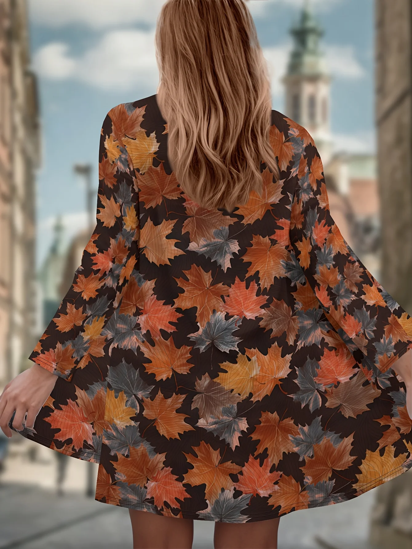 

Женский кардиган с принтом кленового листа, открытый передний длинный рукав, легкая верхняя одежда, модная накидка на весну и осень