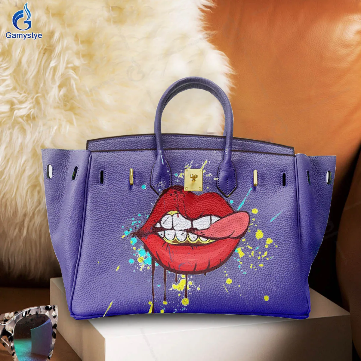 Hand Draw Customize Art Sexy fiery red lips Bags Designer Totes Women purses and handbags 100% Real Cowhide Leather Big Capacity