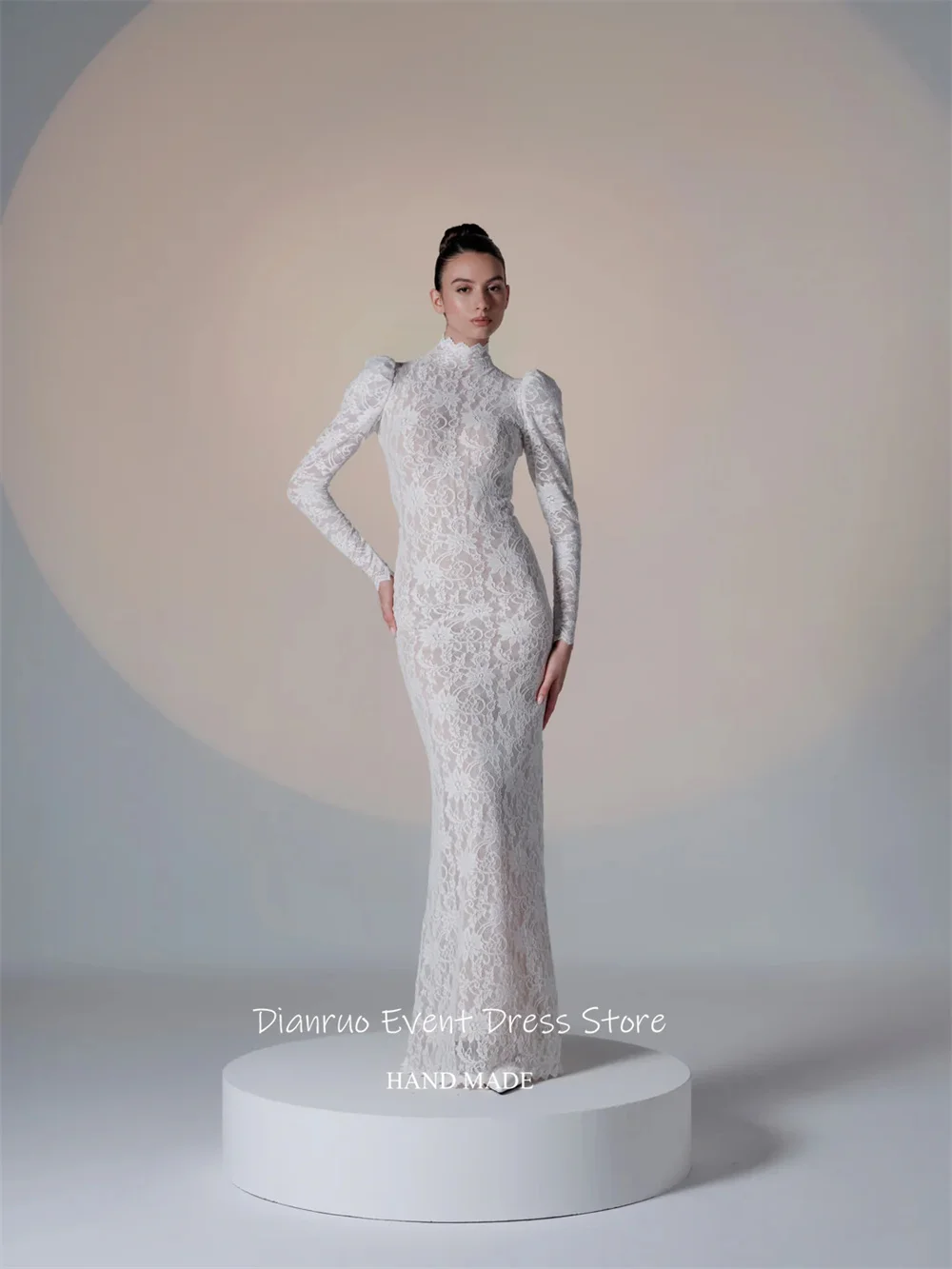 Dianruo – Robe De soirée en dentelle, fente haute, épaules bouffantes, avec des Appliques, moulante, manches longues, personnalisée