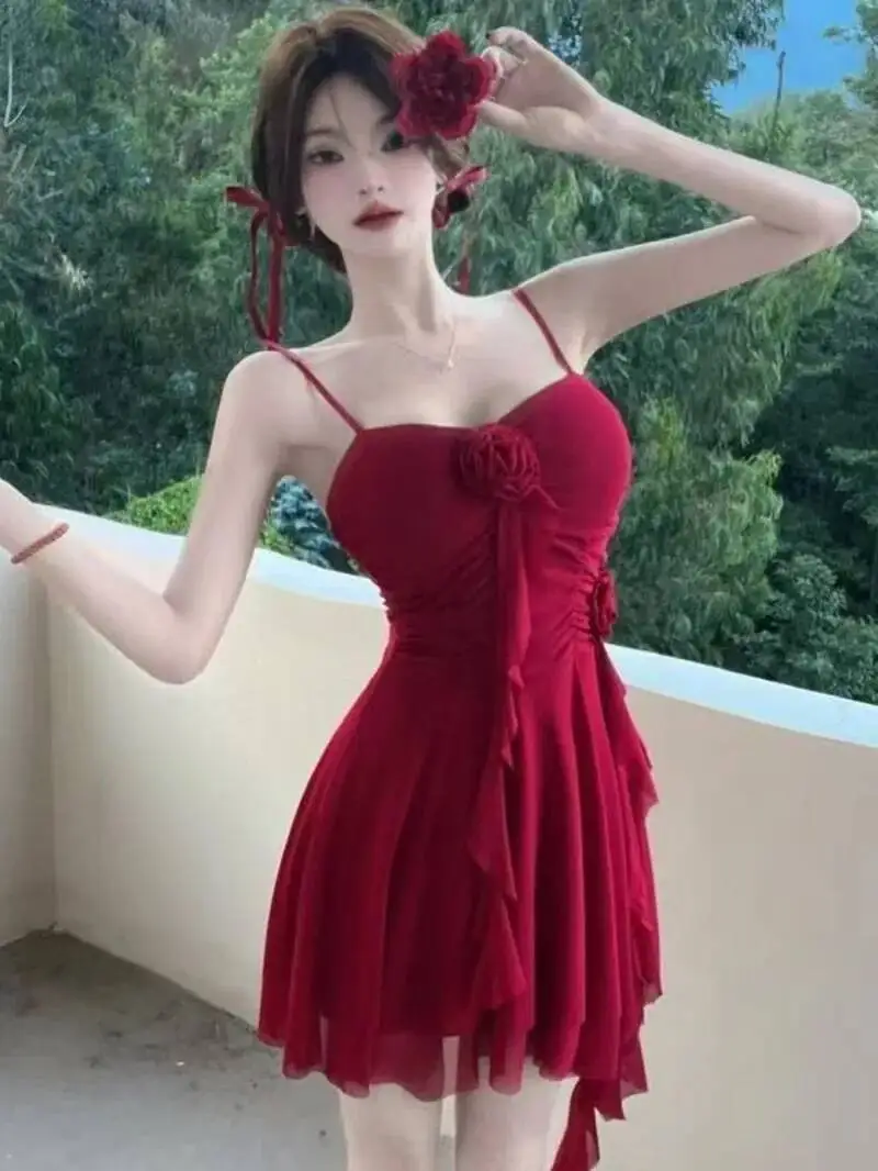 Erotyczna, seksowna, piękna sukienka mini na ramiączkach z siateczki, z koronkowymi falbanami w kształcie liści lotosu, wielowarstwowa, przezroczysta, kusząca sukienka elegancka ACX8