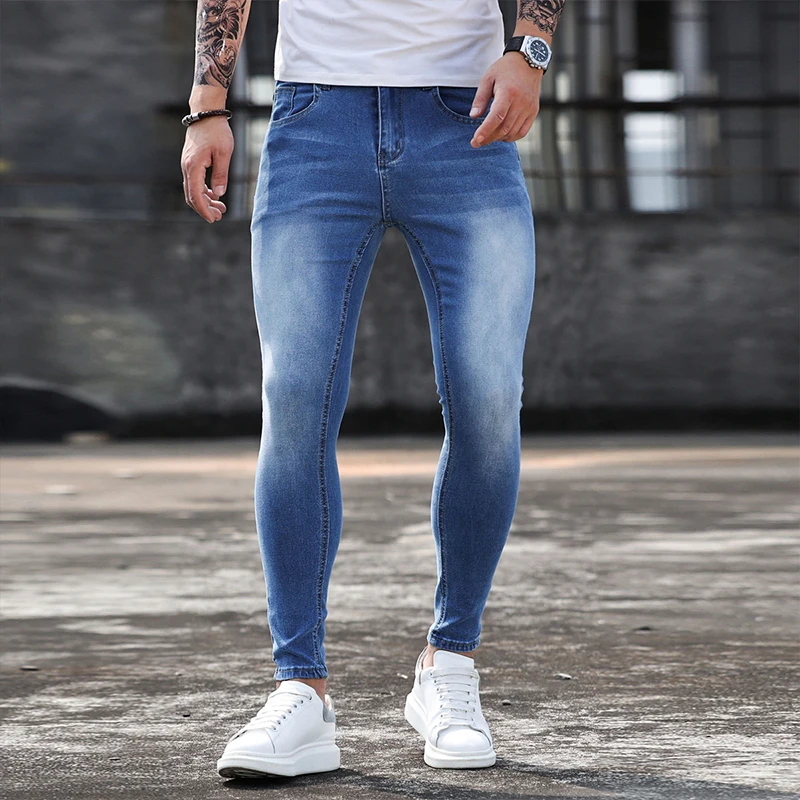 Jeans for Men Skinny Washed Solid Colour Stretch Pencil Pants Fashion Streetwear Slim Fit Denim Jeans Jogging Trousers Blue