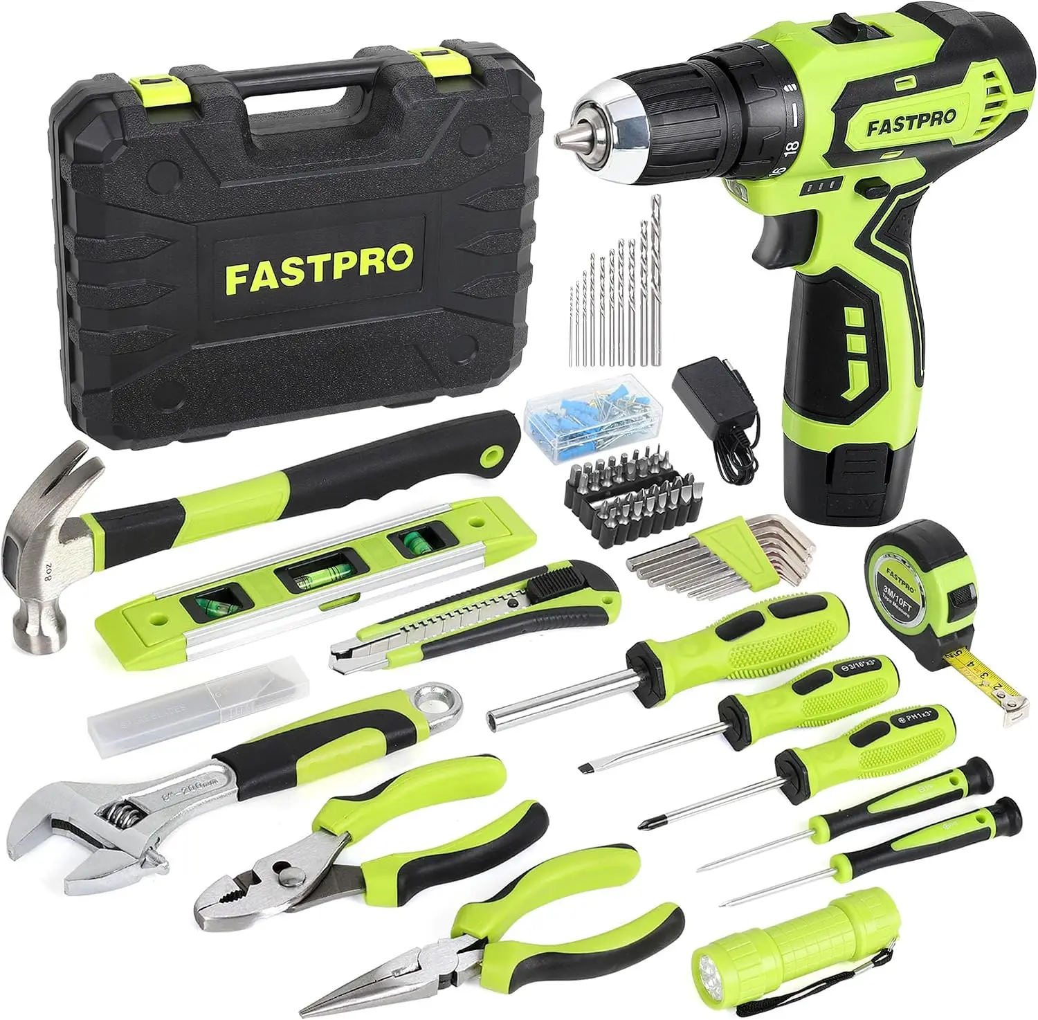 12V Cordless Drill Set, Home Tool Kit with Tool Box, Green - 19+1 Clutch, 2-Speed