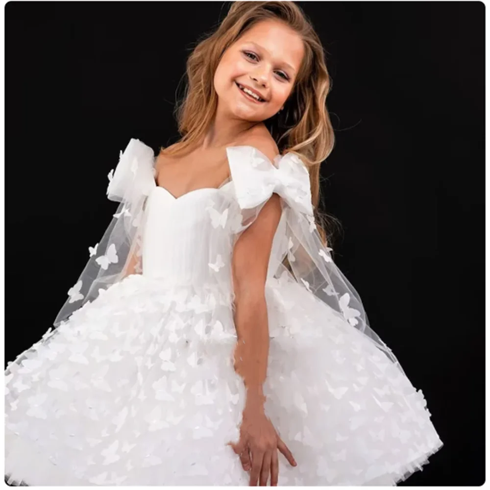 Cute Off The Shoulder 3d Appliques Flower Girl Dress Sweetheart Bow Ball Gown Little Girl Princess Communion