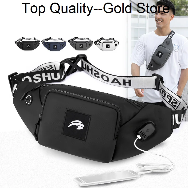 

Men Nylon Waist Fanny Pack Running Bags with Charging USB Interface Travel Male Sling Messenger Chest Bum Hip Belt Bag