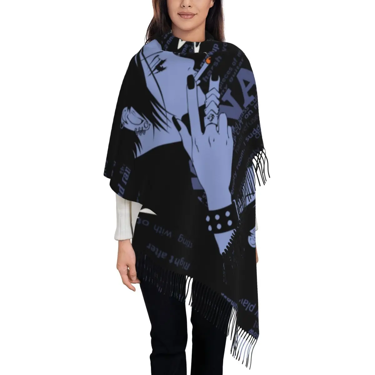 وشاح نسائي مع شرابة نانا أوساكي أنيمي الأحجار السوداء الشرير مانغا (3) طويل ناعم دافئ شال التفاف الهدايا أوشحة الباشمينا