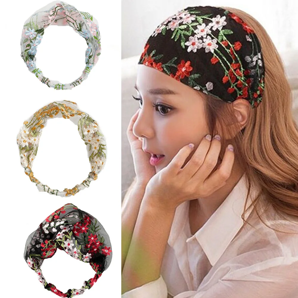 Women Retro Floral Korean Embroidery Face Wash Headdress Hair Accessories Turban Headband Hair Band