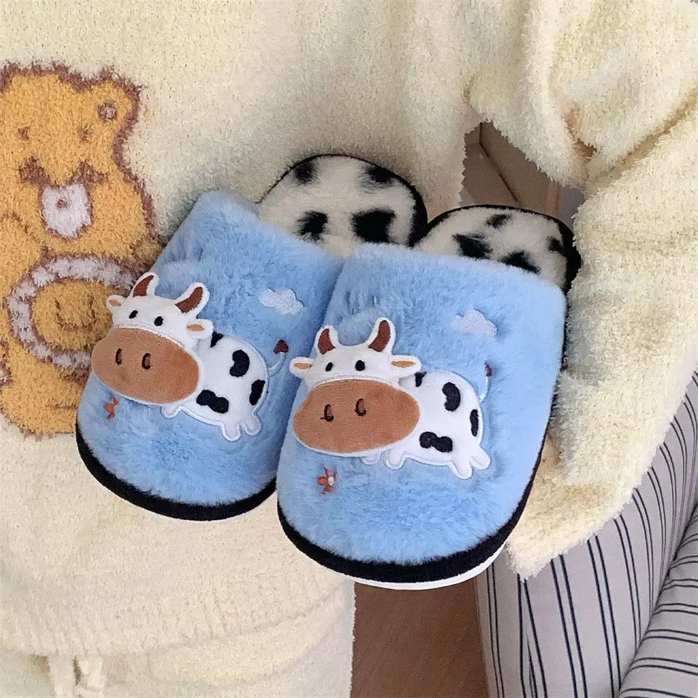 Men and women couples fur slippers with cow animal furry slippers warm faux velvet dairy cow flipflops lovers home slippers