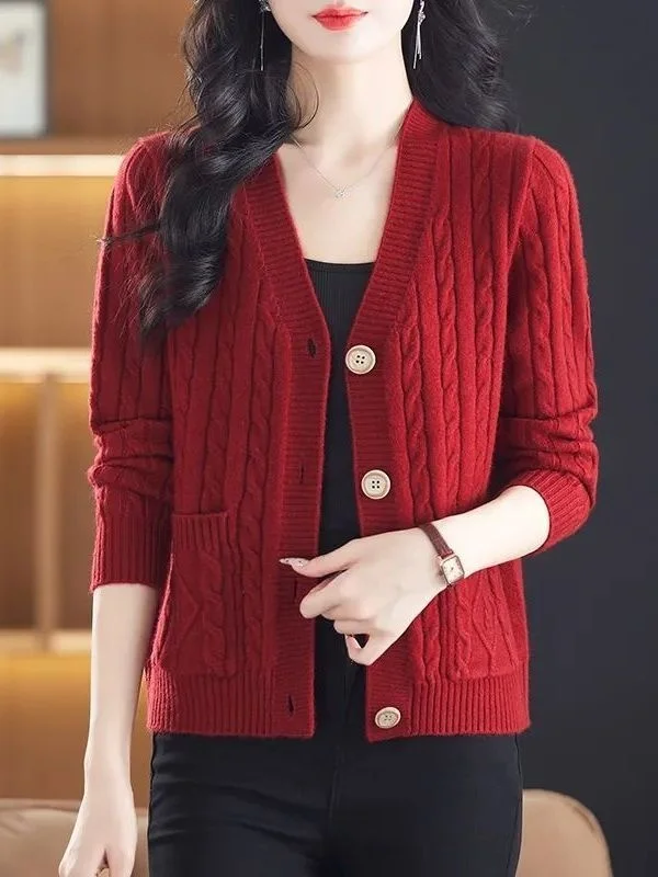 Cárdigan Corto Hoado de Punto con Cuello en V para Primavera y Otoño, Chaqueta de Suéter con Botón Único a la Moda para Muj...