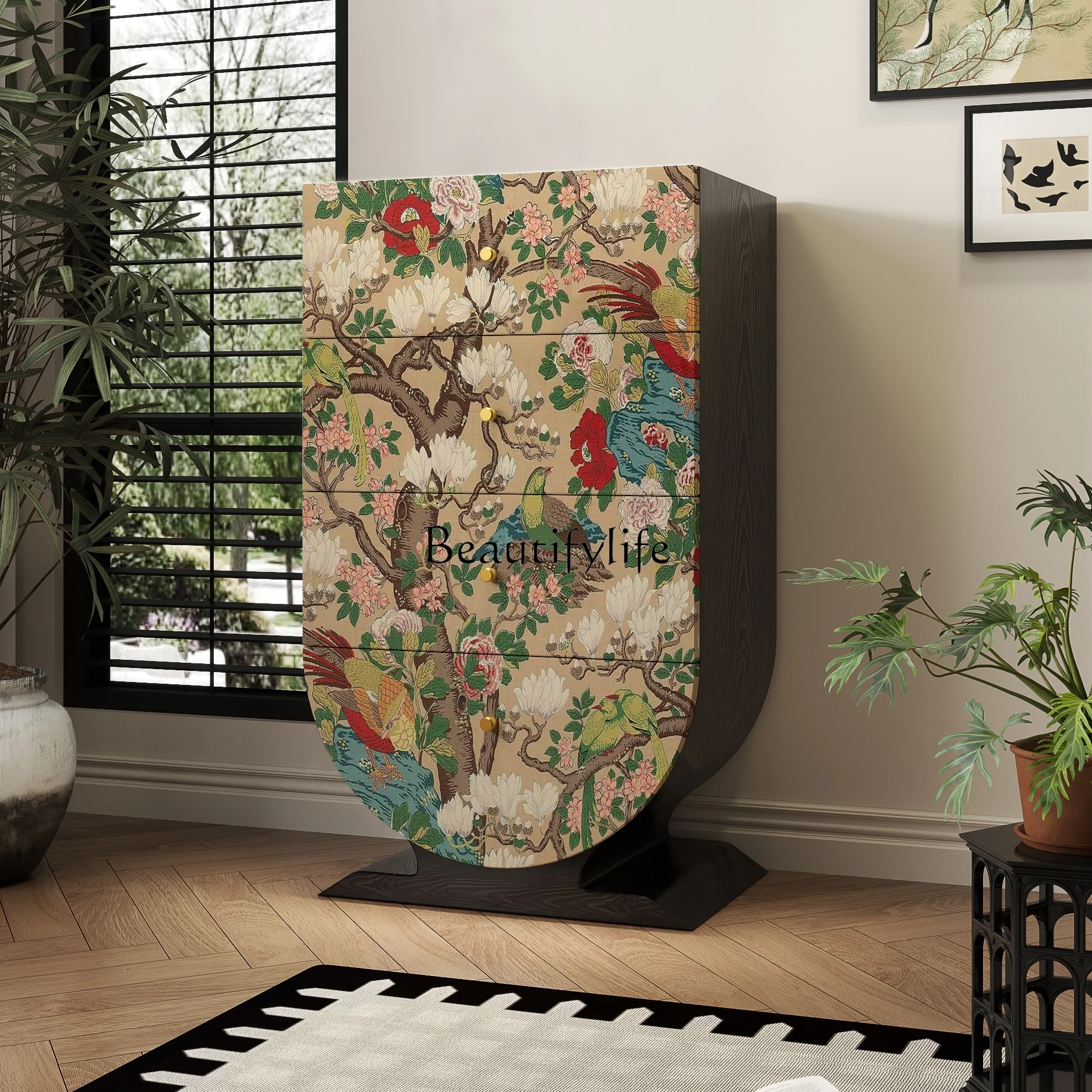 

Retro solid wood four-chest cabinet entrance dining side living room hotel integrated painted storage locker