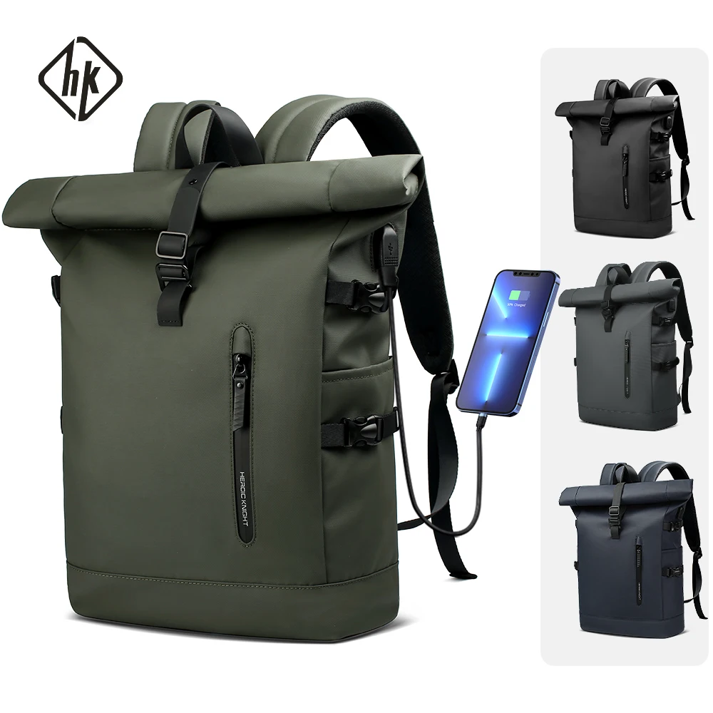 HK Expandable Waterproof Travel Backpack for Men Roll-Top Large Capacity 15.6 Inch Laptop Backpack with USB Hiking Camping Pack