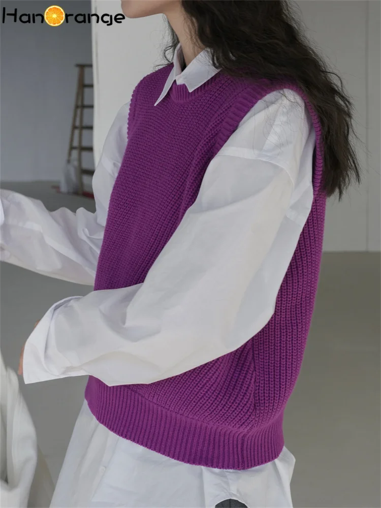 HanOrange 2024 Spring Autumn Retro Knit Vest Women Loose Silhouette Layered Casual Vest Female Gray/Purple