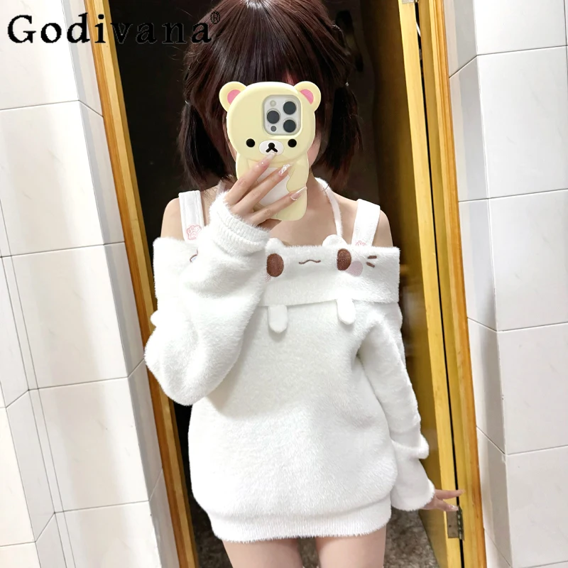 

Original Japanese Girls Kawaii Cartoon Embroidered Sweater Autumn Winter New Mink Fur Halter Off-Shoulder Sweater Daughter's
