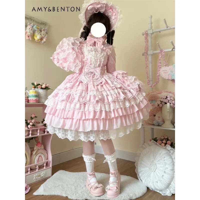 25COSLolita نمط JSK الحمالات فستان المرأة مزاجه الحلو الصناعة الثقيلة متعدد الطبقات توتو فستان مضيئة كم قميص فستان Se