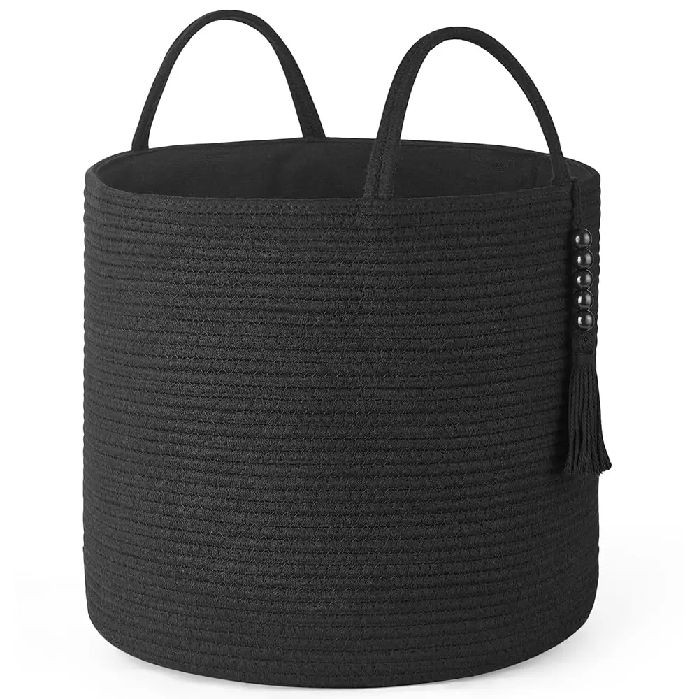 

Woven Storage Basket Decorative Natural Rope Basket Wooden Bead Decoration For Blankets,Toys,Clothes,Shoes,Plant Organizer Bin