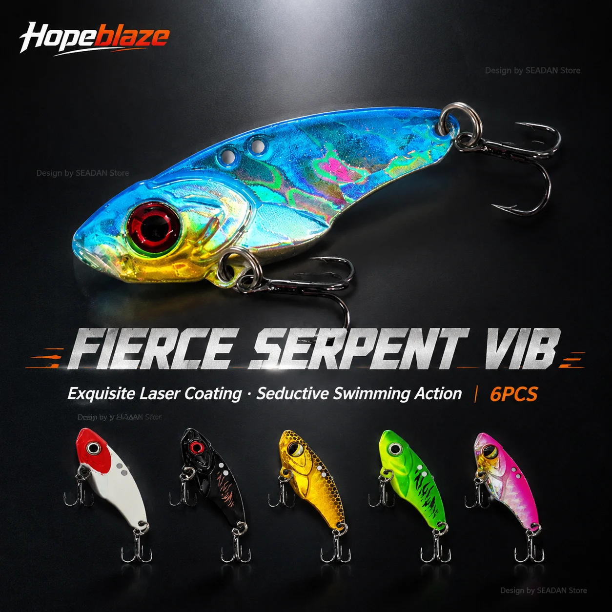Leurre VIB en métal Hopeblaze Fierce Serpent, 6 pièces, trous réglables, laser, hameçons triples tranchants pour la pêche au bar, à la truite, au brochet, à la perche et au walleye