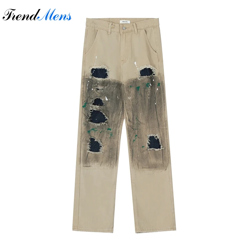 

Jeans Hombre Casual Baggy Cargo Pants Straight-leg Hole Patch Trousers Pantalon Homme Men Clothing Hip Hop Streetwear Y2k Tops