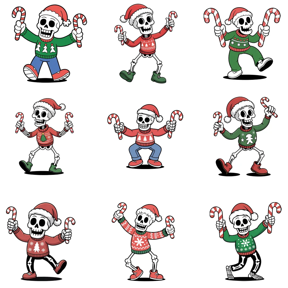 15cm Kids Funny Christmas Skeleton Dance Iron On Transfer Stickers Diy DTF Heat Transfer Sticker T-shirt Clothes Decal