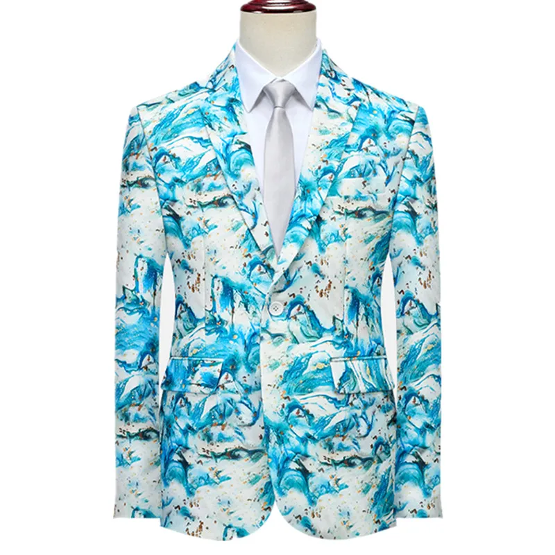 Asian-sized White Men's Suit Jacket, Splatter-art Print Embellished Coat, Slim-fit Tailored Top.Suitable for Weddings/Parties.