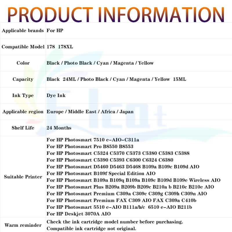 178 178 XL 178XL Compatibele Inktcartridge Voor HP 178 178XL Voor HP B109 B110 B210 C309 C310 C410 D5463 D5460 D5468 Printer