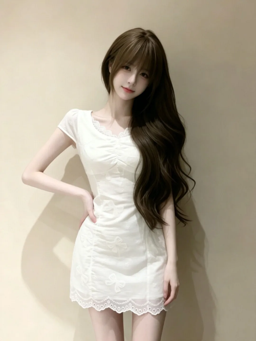 

Korean Style V-Neck Bodycon Dress Elegant Waist-Cinching Summer Fashion Cotton Lace Splice High Waist Non-Sleeved Women's Dress