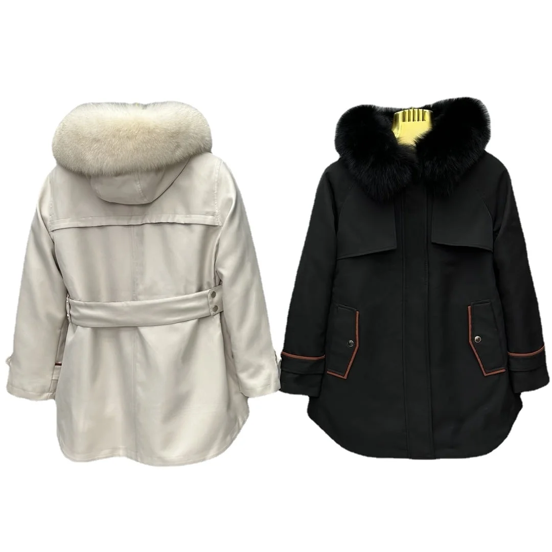 

2023 New Winter Fashion Women Parkas Fox Fur Collar Hooded Cotton-padded Coat Removable Rex Rabbit Liner Warm Wadded Jacket