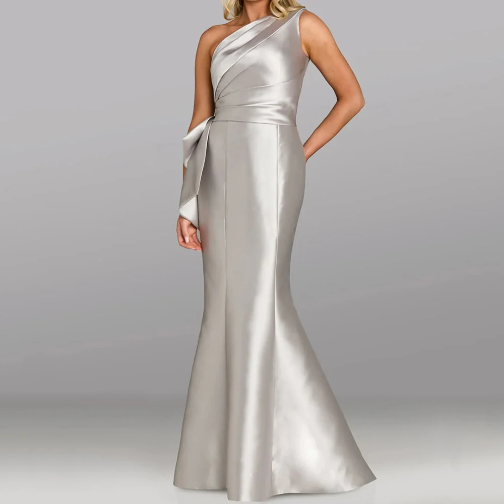 

Women's Mermaid Evening Dresses Floor-length One-shoulder Sleeveless Prom Gown Fashion Backless Bow Pleat Customized Gowns