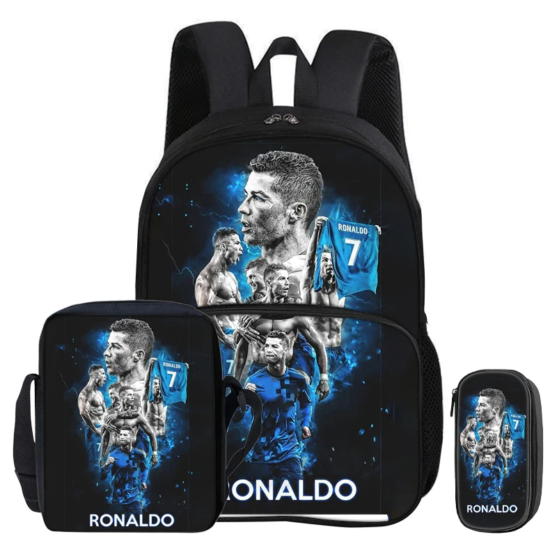 Football Sport with Front Pocket Backpack Ronaldo 3Pcs Set School Bags Rucksack Student Shoulder Bag CR Football Star Pencil Bag