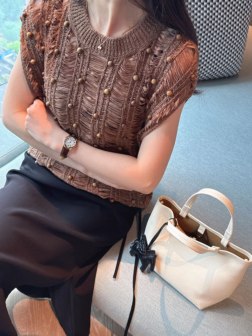 

Вязаный свитер Caramel Amber Wooden Bead Hollow out ort Sve round Ne Precision ort Sve Вязаный пуловер Летний