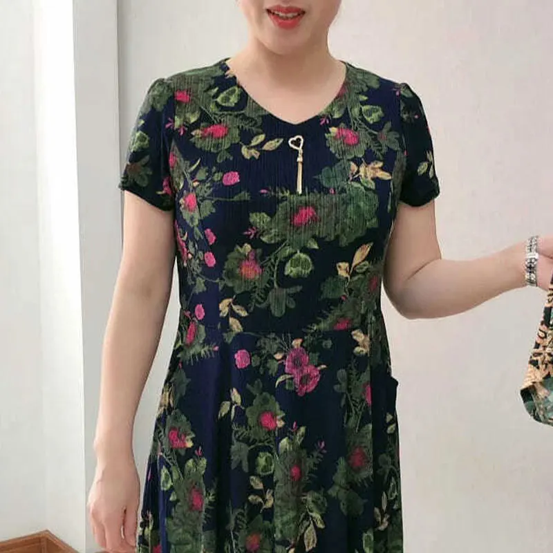 Summer Short Sleeve Waist A-Line Dresses Stylish Three-dimensional Decoration Female Vintage Printed Casual V-Neck Midi Dress