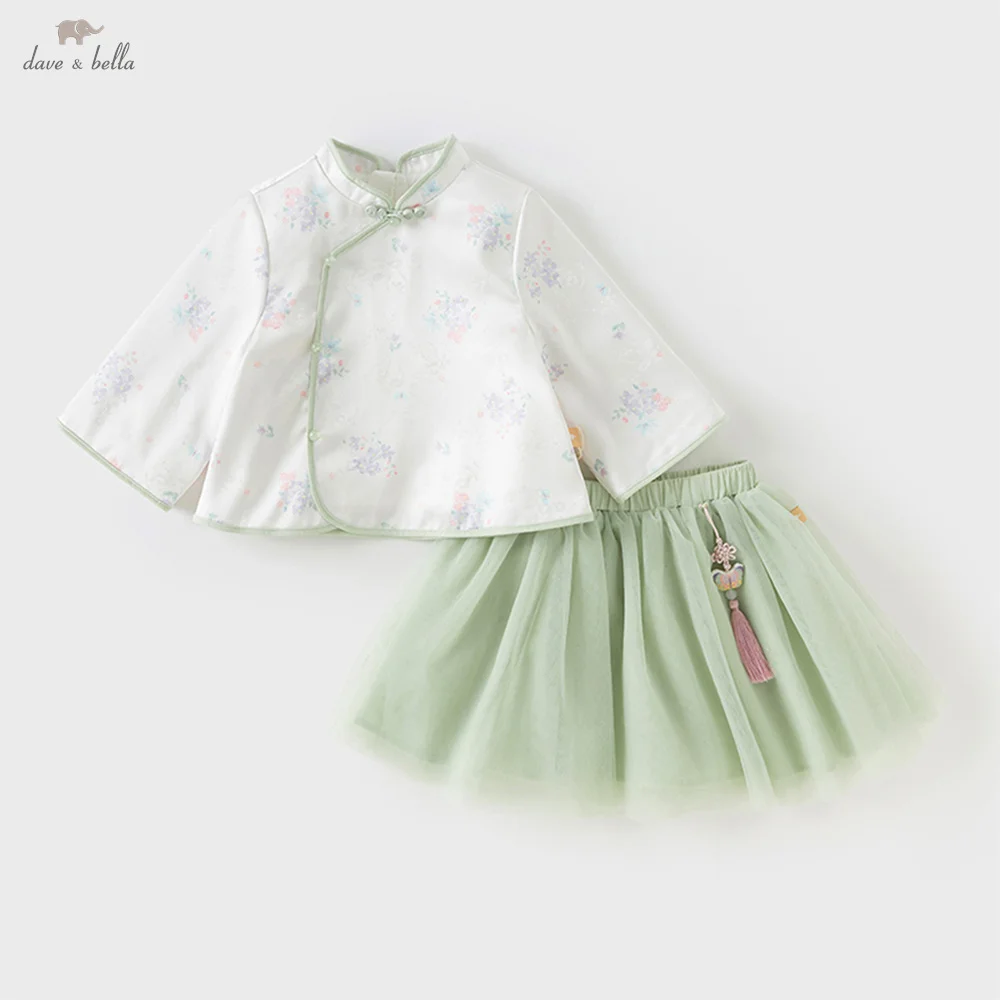 Dave Bella Children's Mesh Half Skirt Set for Girls Baby Autumn Fashion Sweet Cute Gentle Print Two piece Set Party DB3252947