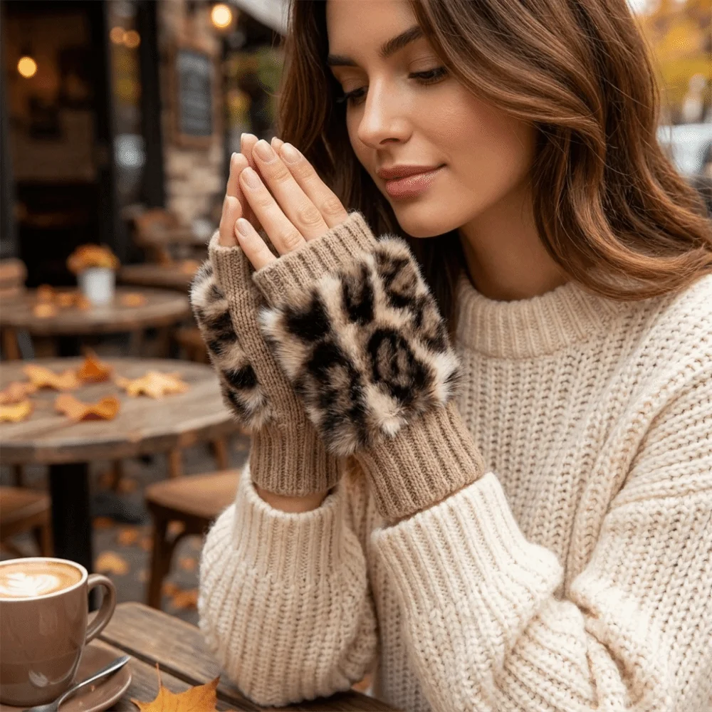Vintage Warm Fingerless Gloves Short Style Knit Half-Finger Gloves Polyester Soft Leopard Print Gloves Writing