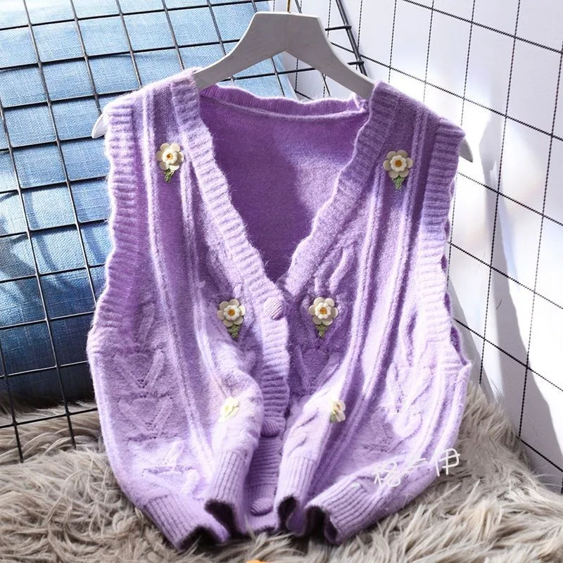 秋の韓国風新作おしゃれカーディガンVネック刺繍ニットベスト