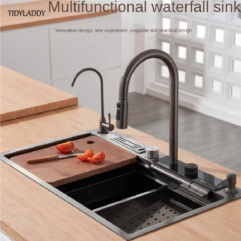 

Stainless Steel Waterfall Kitchen Sink Digital Display Large Single Slot Multi-functional Farmhouse Embossed Washbasin