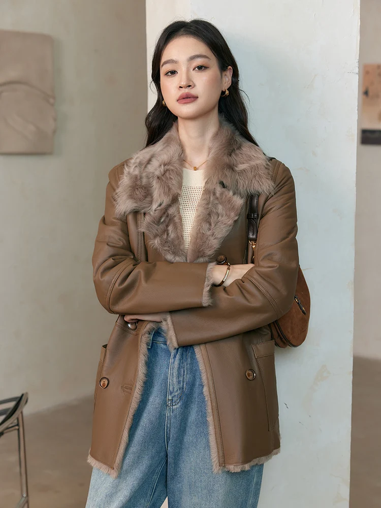 High-end หรูหราของแท้หนัง Lamb FUR ฤดูหนาวแจ็คเก็ตผู้หญิง Simple VINTAGE Double Breasted หนา WARM ขนสัตว์จริง Coat