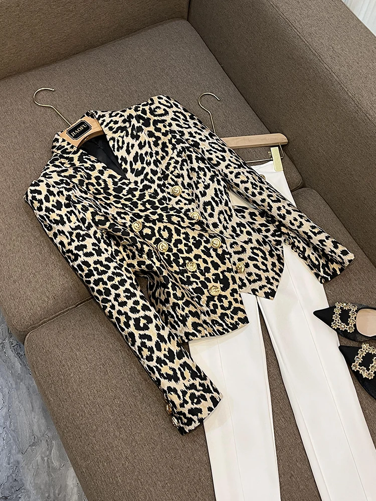 

Retro Faionable Leopard Print Jaet ort Slimming Sli ort Suit Top New Arrival Women's Busin Casual Coat