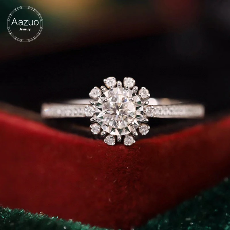 

Aazuo 100% 18K Solid White Gold Real Diamonds 0.40ct Sun Flower Wedding Ring Gift For Women Luxury Engagement Halo anillos mujer