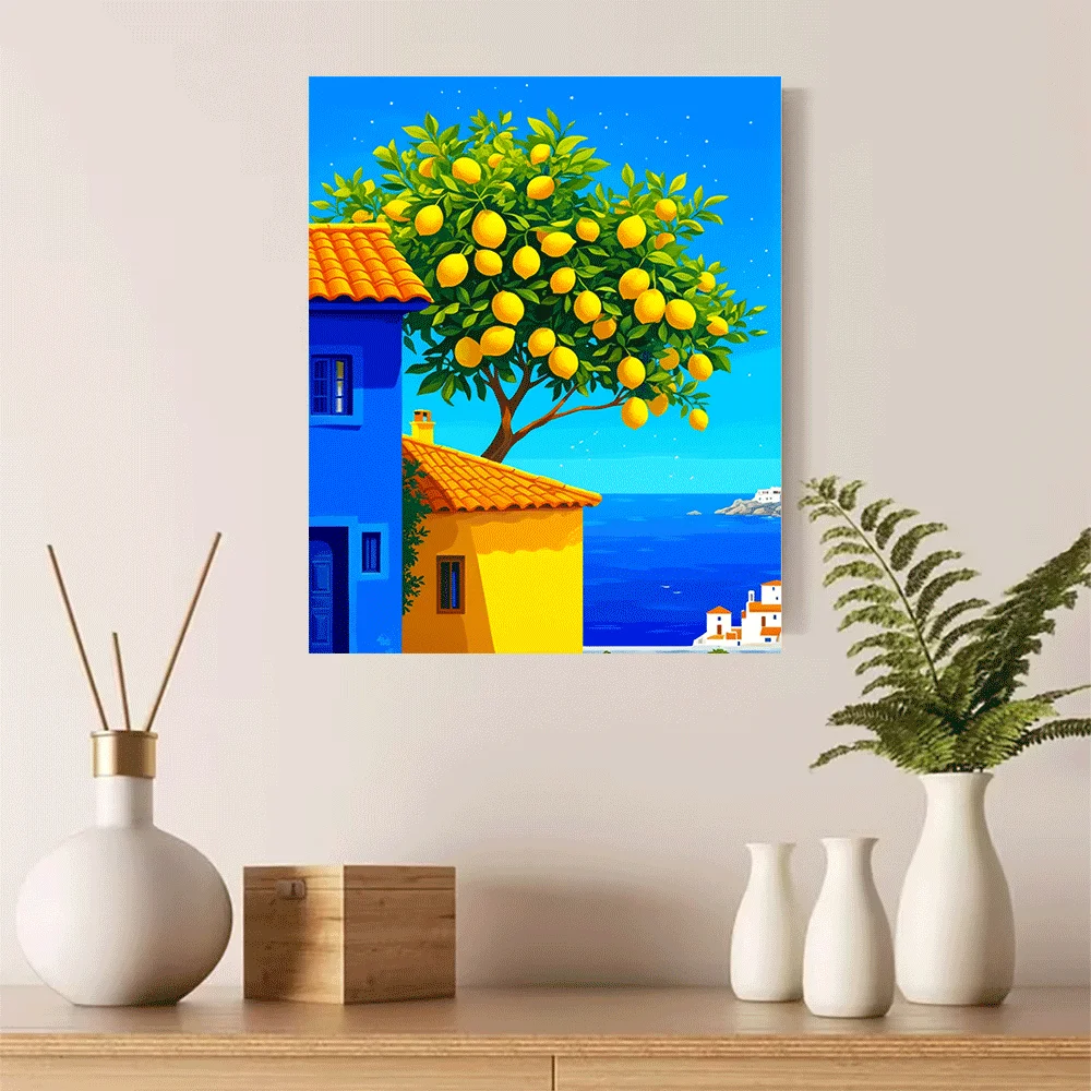 1PC-Canvas poster Unframed  Colorful Lemon Tree Coastal Village Art Print  summer
