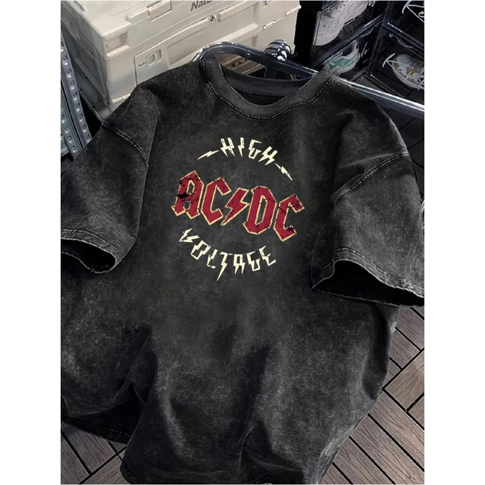 Herren-T-Shirts ​   Übergroßer Vintage Washed AC Rock Band Grafikdruck Sommer 2025, Damen-Kurzarm-T-Shirt, Y2k-Kleidung, lässiges Oberteil