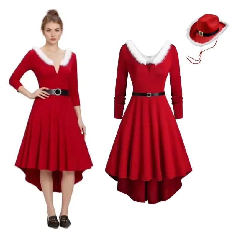 

Plus Size Christmas Dress Cosplay Elegant Furry V-neck Long Sleeved Dresses with Cowboy Hat Suit for Women Xmas Party Outfits