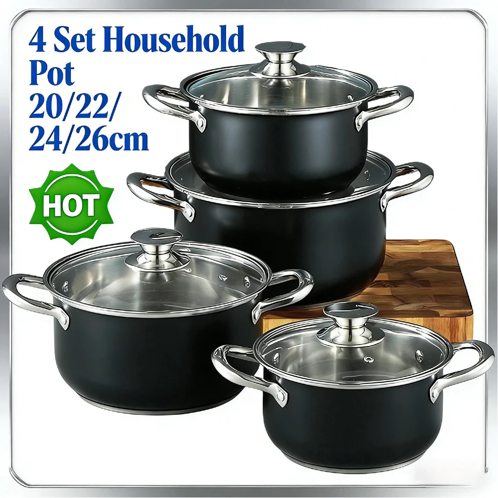 

4Set Stainless Steel Soup Cookware Set Glass Lid Anti-Scratch Stockpot Even Heating for Gas Electric Induction Stove