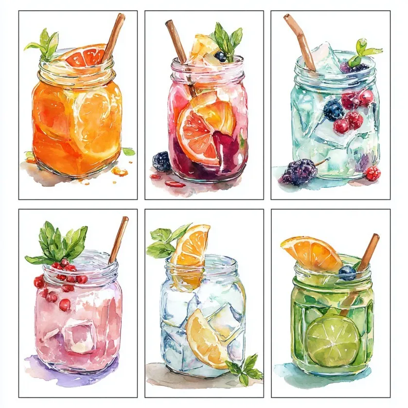 Watercolor Cocktail Drink Wall Art Set Collection set Art Painting By Numbers Kit DIY Canvas Art Gift