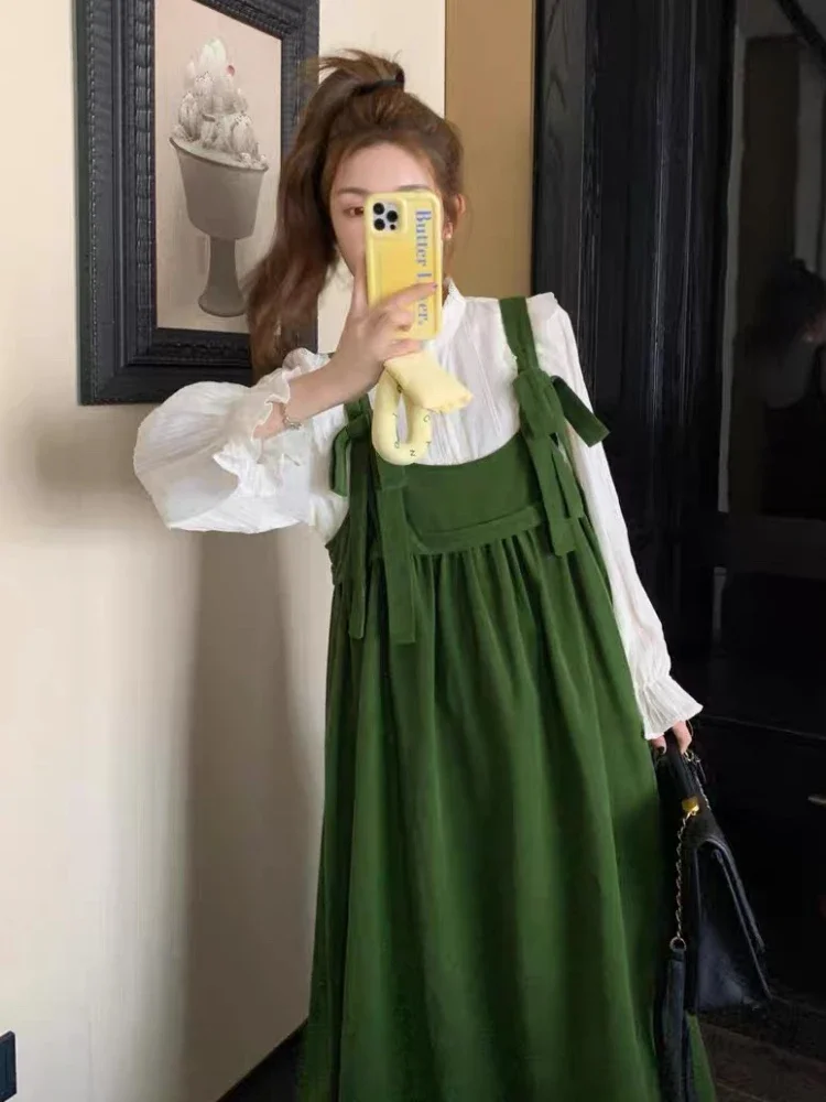 Corduroy Midi Dresses Women Baggy Vintage Bandage Design Tender Sweet Girls Japanese Style All-match Youthful Vestidos De Mujer